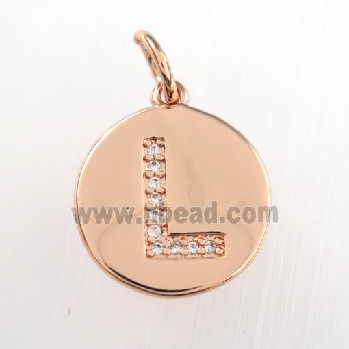 copper pendant paved zircon, letter L, rose gold