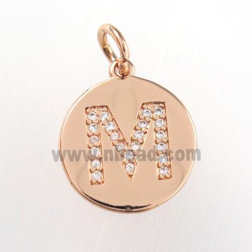 copper pendant paved zircon, letter M, rose gold