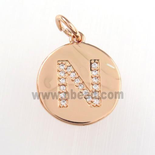 copper pendant paved zircon, letter N, rose gold