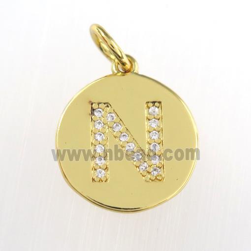 copper pendant paved zircon, letter N, gold plated