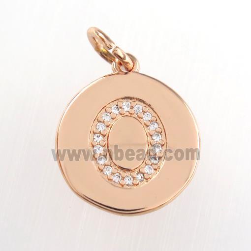 copper pendant paved zircon, letter O, rose gold