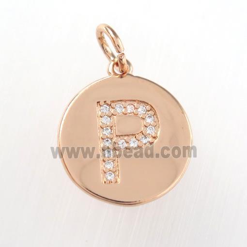 copper pendant paved zircon, letter P, rose gold