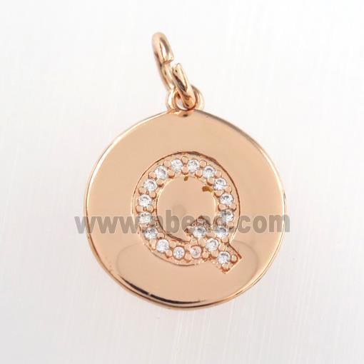copper pendant paved zircon, letter Q, rose gold