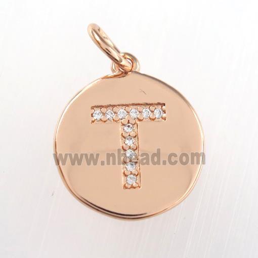 copper pendant paved zircon, letter T, rose gold