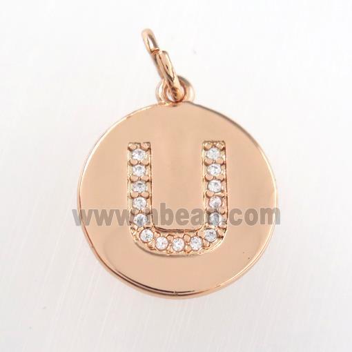 copper pendant paved zircon, letter U, rose gold