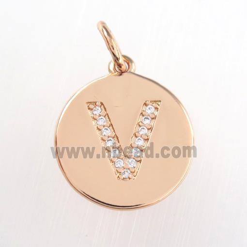 copper pendant paved zircon, letter V, rose gold