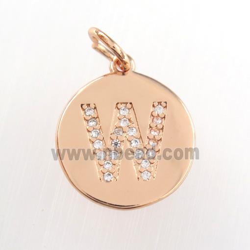 copper pendant paved zircon, letter W, rose gold