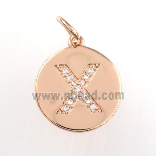 copper pendant paved zircon, letter X, rose gold