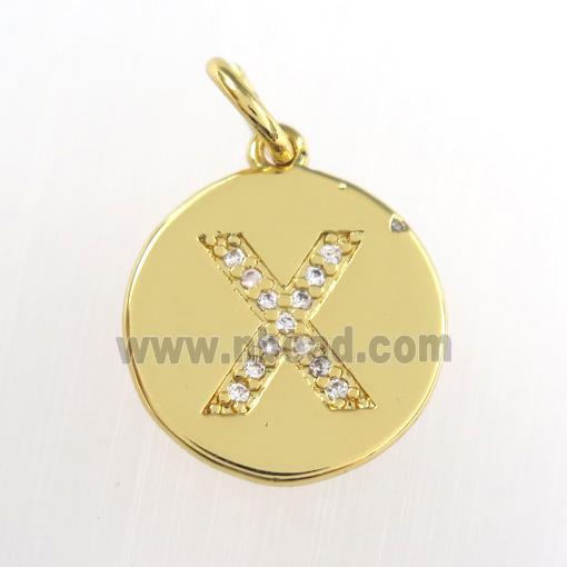 copper pendant paved zircon, letter X, gold plated