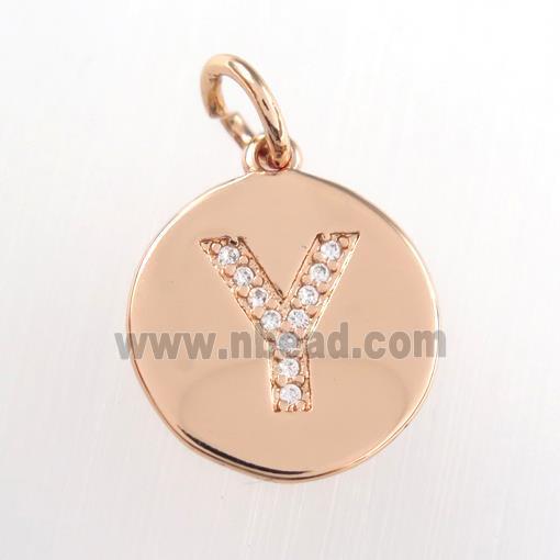 copper pendant paved zircon, letter Y, rose gold