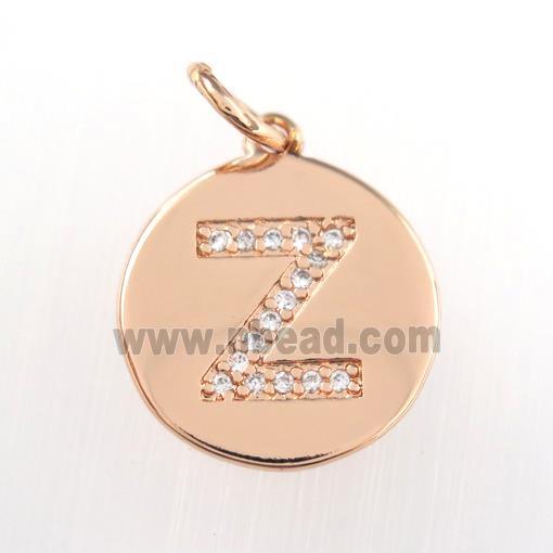 copper pendant paved zircon, letter Z, rose gold