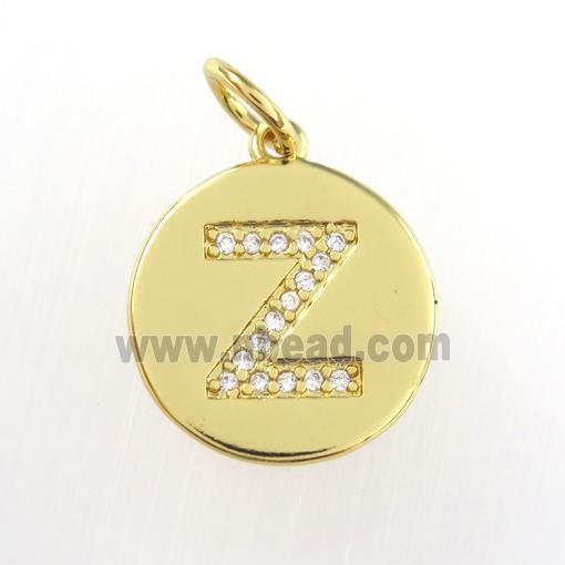 copper pendant paved zircon, letter Z, gold plated