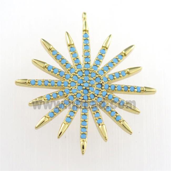 copper starburst pendant paved zircon, turq, gold plated