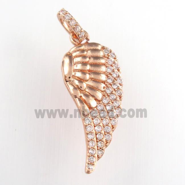 copper angel wing pendant paved zircon, rose gold