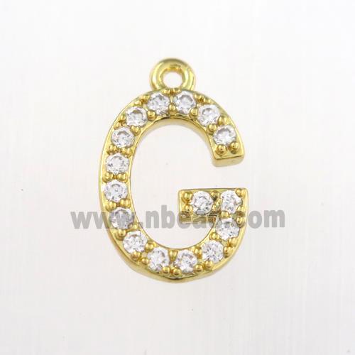 copper pendant paved zircon, letter G, gold plated