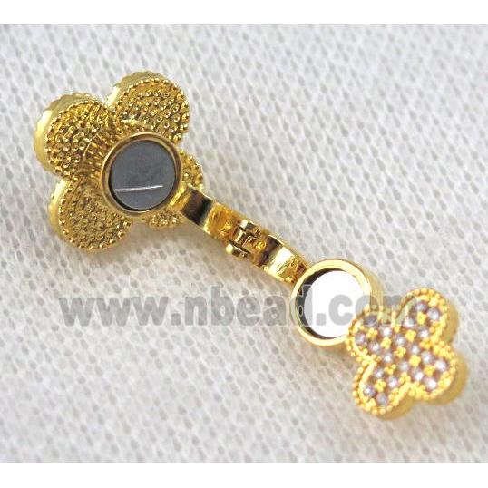 copper clasp paved zircon, clover, gold plated