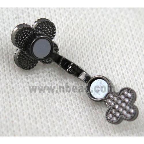 copper clasp paved zircon, clover, black plated