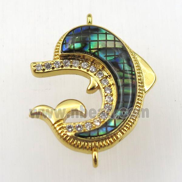 copper dolphin connector paved zircon with abalone shell, gold plated
