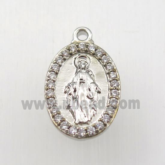 copper Jesus pendant paved zircon, oval, platinum plated