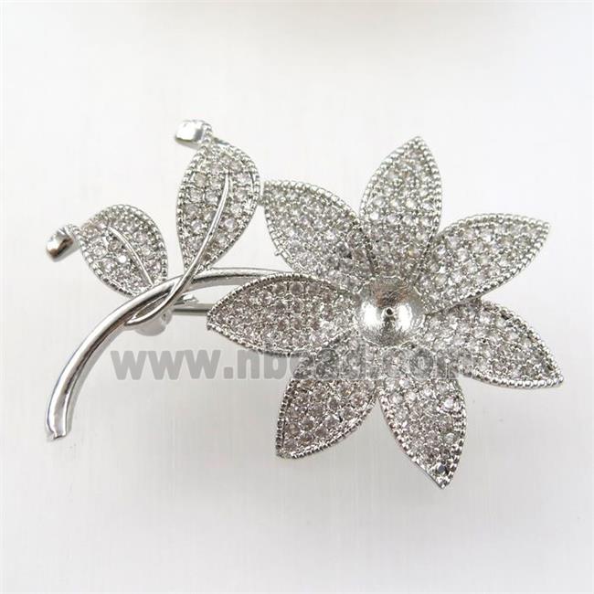 copper flower brooch paved zircon, platinum plated