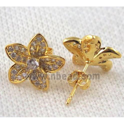 copper flower earring paved zircon, gold plated