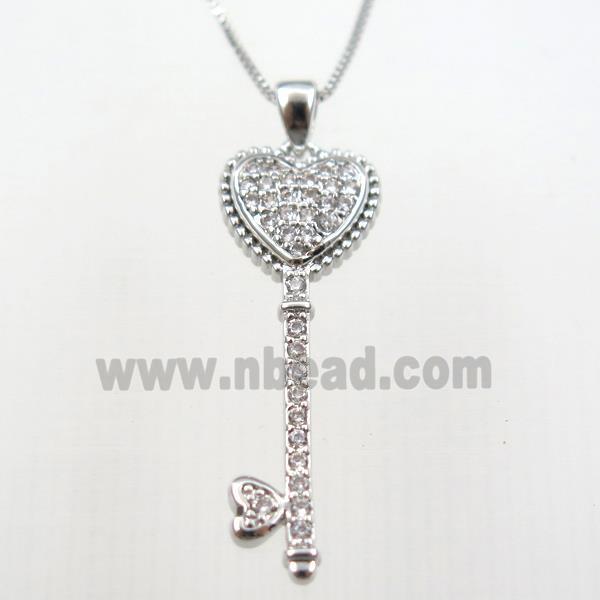 copper necklace with key pave zircon, platinum plated