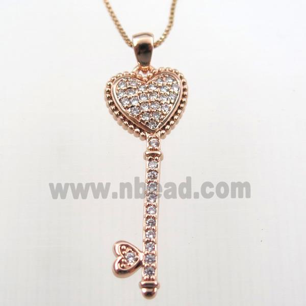 copper necklace with key pave zircon, rose gold