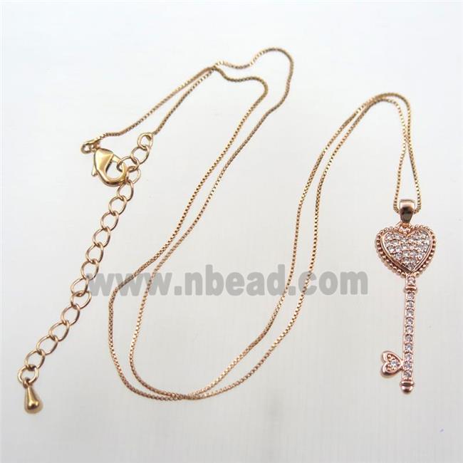 copper necklace with key pave zircon, rose gold
