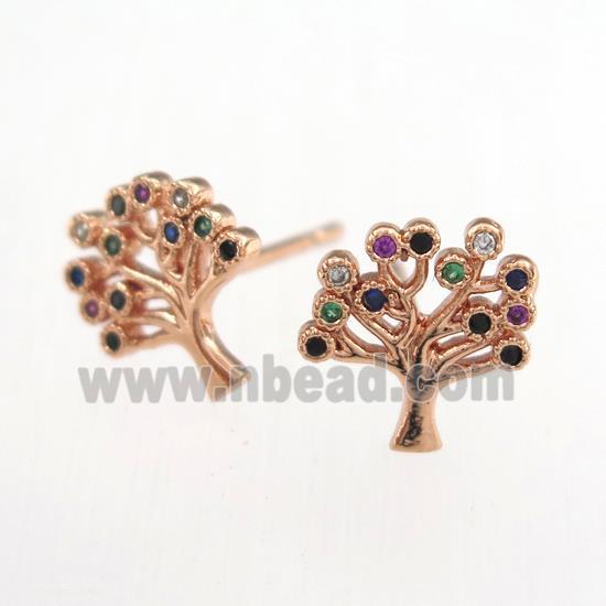 copper earring studs paved zircon, tree of life, rose gold