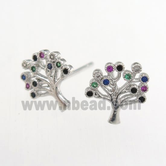 copper earring studs paved zircon, tree of life, platinum plated