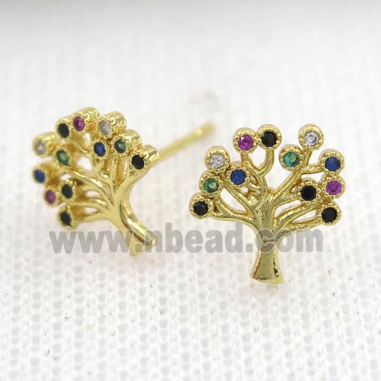 copper earring studs paved zircon, tree of life, gold plated