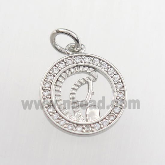 copper pendant paved zircon, circle, platinum plated