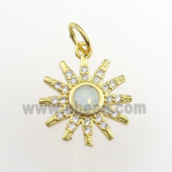 copper sun pendant paved zircon with fire opal, gold plated