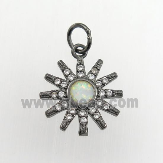 copper sun pendant paved zircon with fire opal, black plated