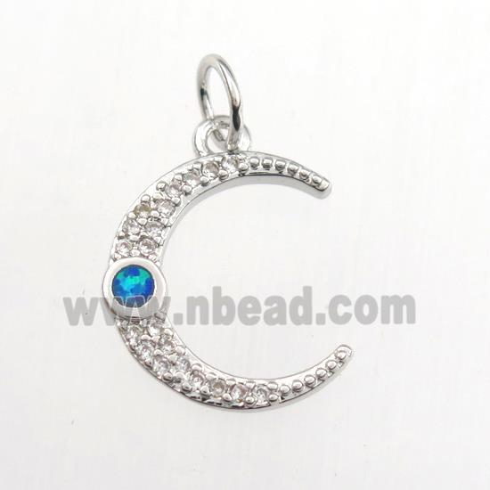 copper moon pendant paved zircon with fire opal, platinum plated