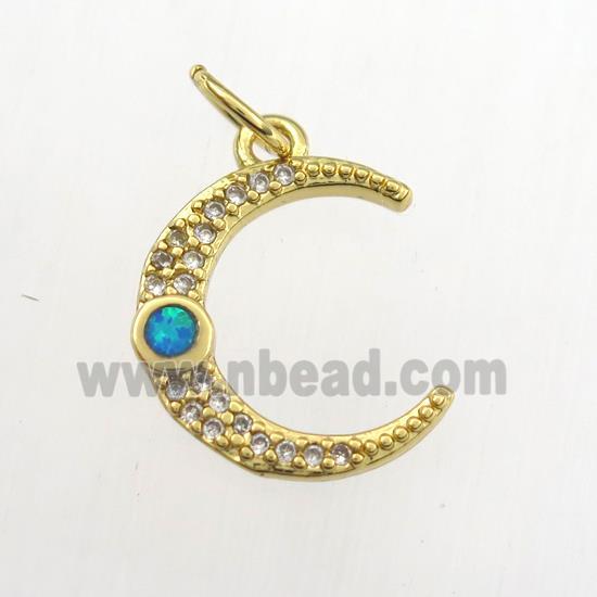 copper moon pendant paved zircon with fire opal, gold plated