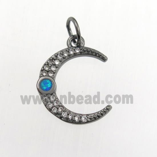 copper moon pendant paved zircon with fire opal, black plated