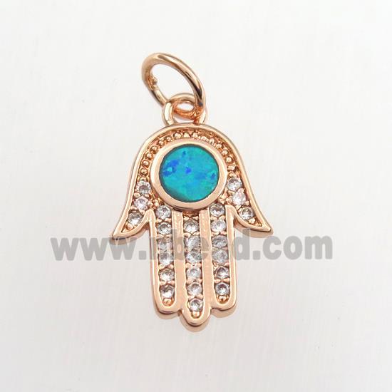 copper hamsahand pendant paved zircon with fire opal, rose gold
