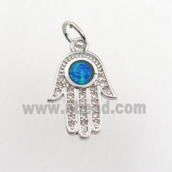 copper hamsahand pendant paved zircon with fire opal, platinum plated