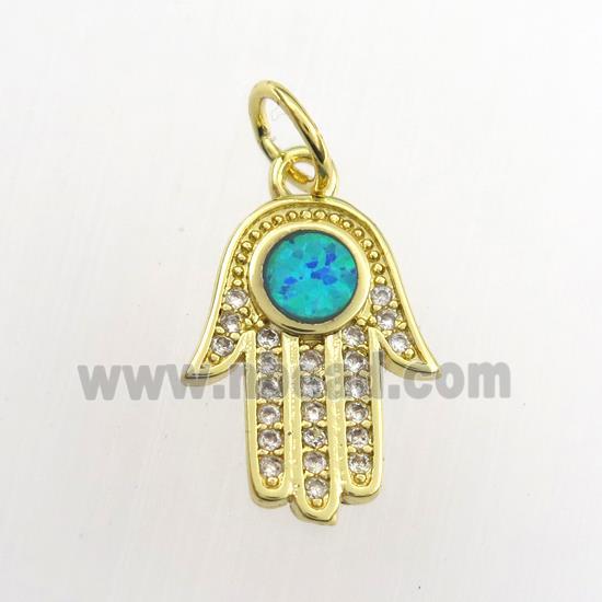 copper hamsahand pendant paved zircon with fire opal, gold plated