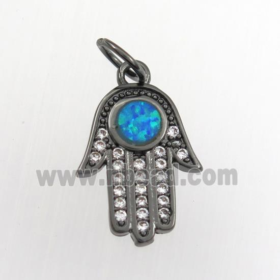 copper hamsahand pendant paved zircon with fire opal, black plated