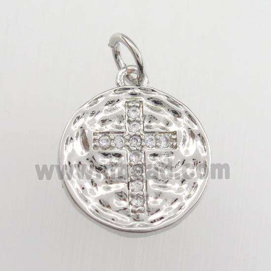 copper circle pendant paved zircon with cross, hammered, platinum plated