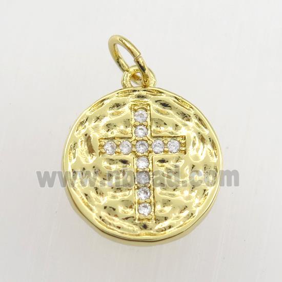 copper circle pendant paved zircon with cross, hammered, gold plated