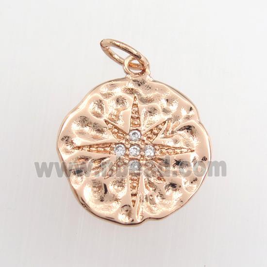 copper circle pendant paved zircon with northstar, hammered, rose gold