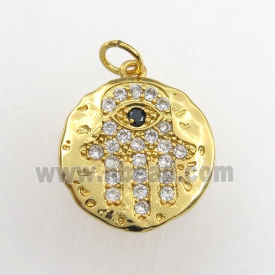 copper circle pendant paved zircon with hamsahand, hammered, gold plated