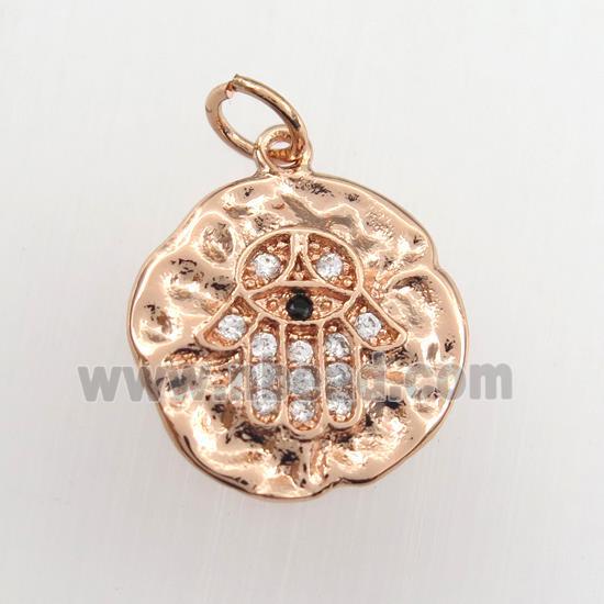 copper circle pendant paved zircon with hamsahand, hammered, rose gold