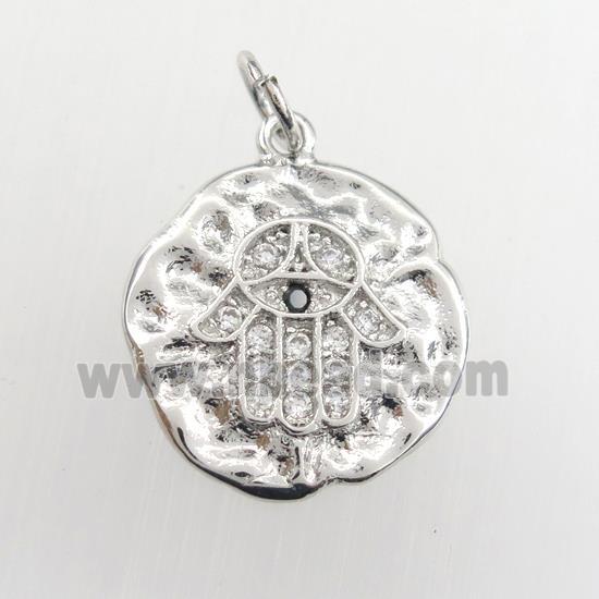 copper circle pendant paved zircon with hamsahand, hammered, platinum plated