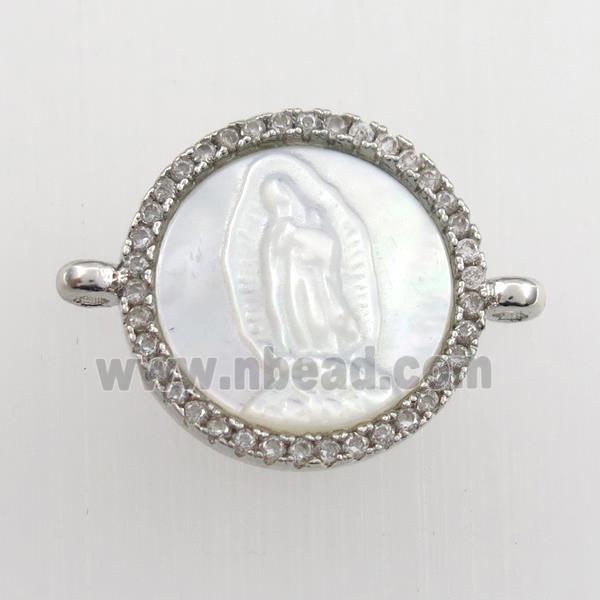 copper circle connector paved zircon with shell Jesus, platinum plated