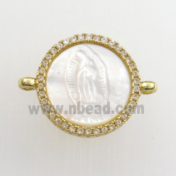 copper circle connector paved zircon with shell Jesus, religious, gold plated