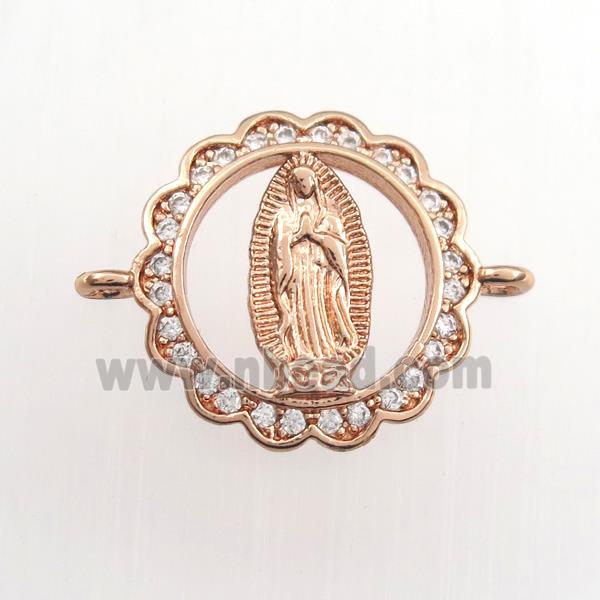copper circle connector paved zircon with Jesus, religious, rose gold
